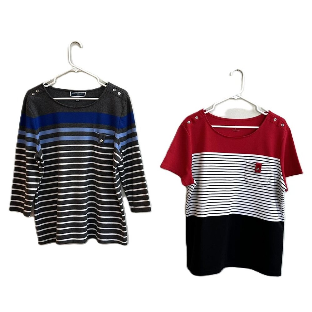 2 Karen Scott XL shirts Red Black White Short Sleeve, Blue Gray 3/4 sleeve